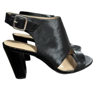 H by Halston Black Leather T-Strap Catrina Block Heel Sandal Size 9